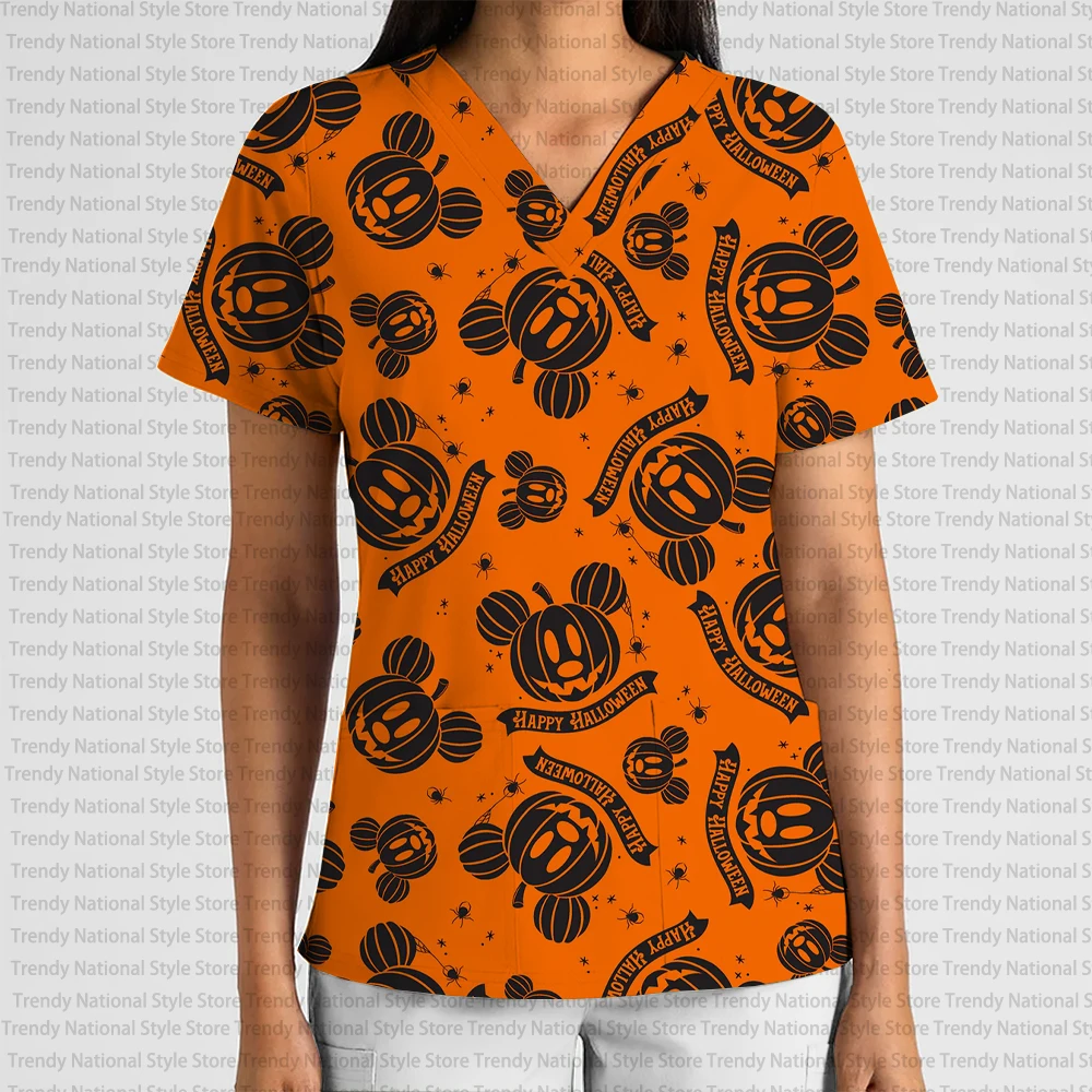 Halloween Pumpkin Head Disney Mickey Print V-Neck Pocket Short Sleeve Top Dental Pet Shop Beauty Salon Nurse Medical T-shirt