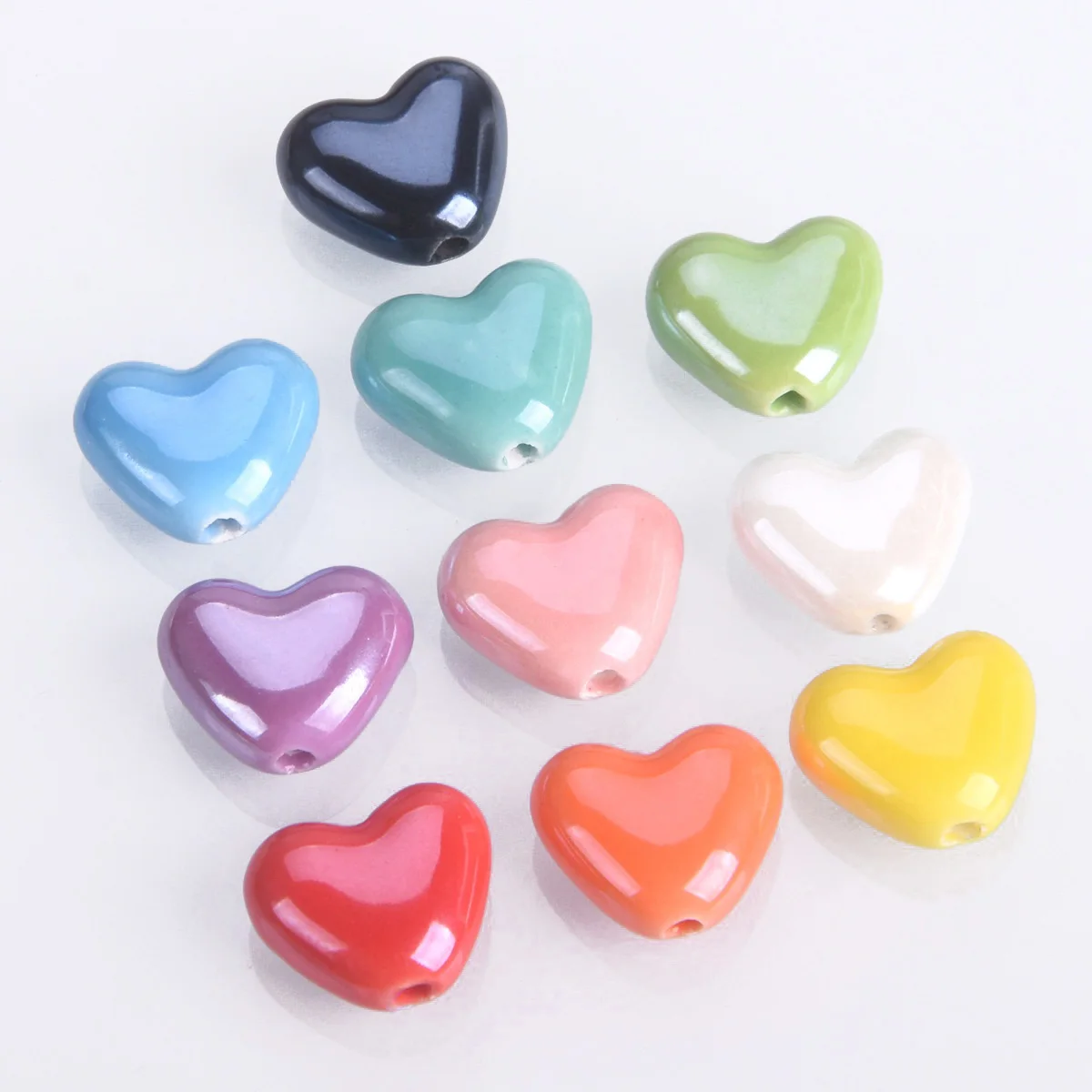 10PCS 13x15mm Flat Heart Shape Shiny Glossy Glazed Ceramic Porcelain Loose Beads For Jewelry Making DIY Crafts Findings