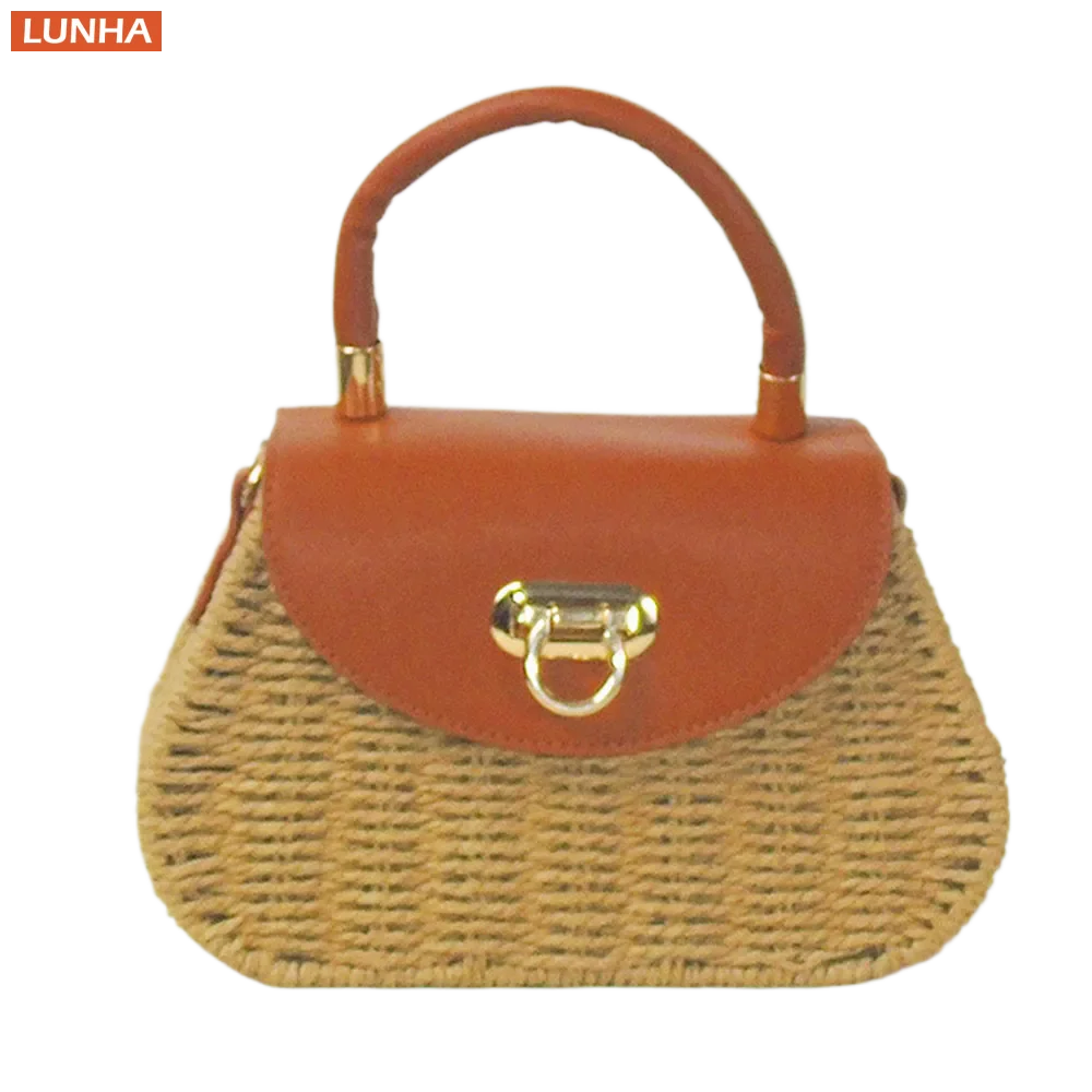 

Women's Handmade Woven Straw Shoulder Crossbody Bag Flap Lock Closure Top Handle Purse Small Tote Handbag Luxury Design
