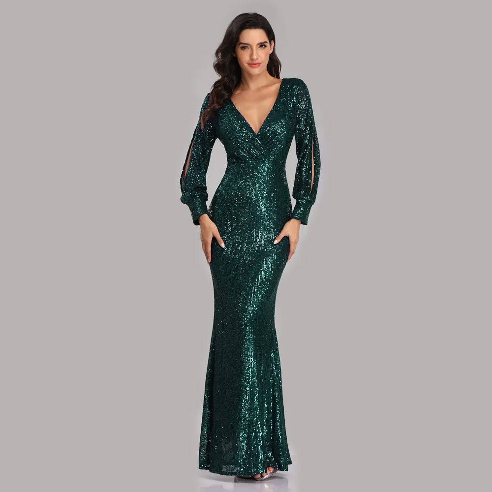 Plus Size Long-sleeved V-neck Sequined Fishtail Evening Dress for Women Prom Formal Dress Women Elegant Green Long Dress Gown