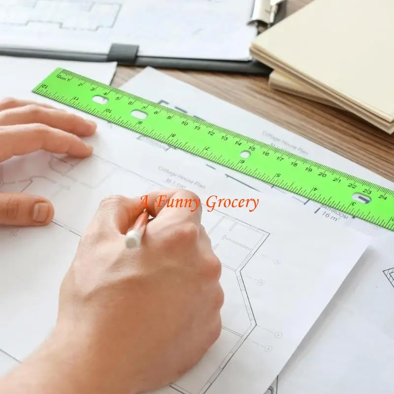 652e 12 polegadas réguas coloridas transparentes com régua matemática buracos com polegadas escala centímetros