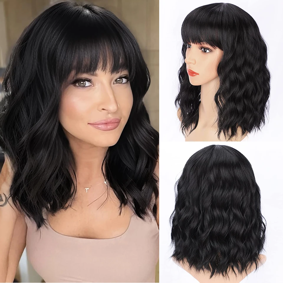 Synthetic Bob Wig with Bangs Short Wavy Black Wigs for Women Bob Style Synthetic Heat Resistant for Daily Use