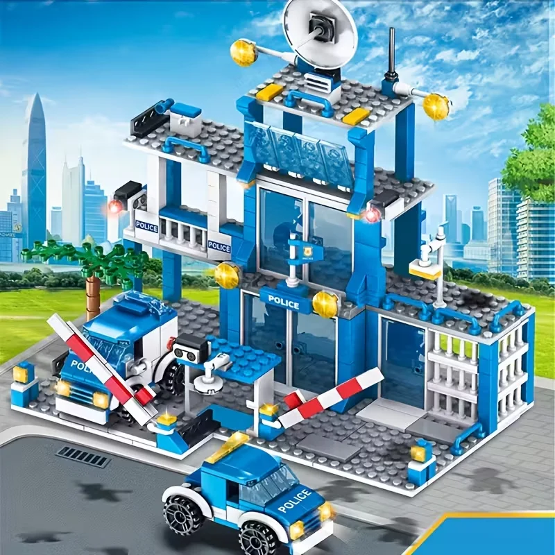 

Giant Police Station Building Block Set | 2 Patrol Cars | Blue-White Interlocking Bricks with Movable Parts |Daily Gift