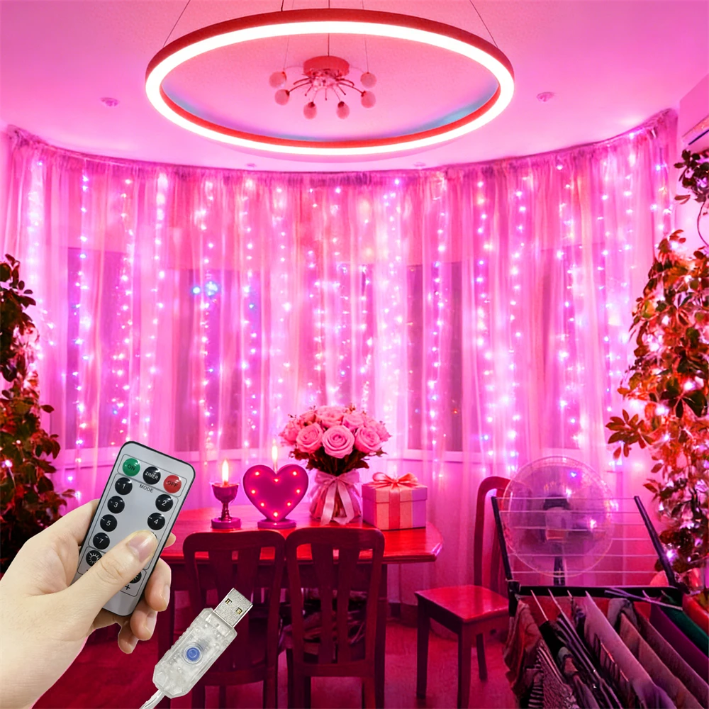 

USB Power LED Curtain Light Wedding Festoon Garland Fairy Lights Ramadan Eid Mubarak Home Room 2026 Valentine's Day Decoration