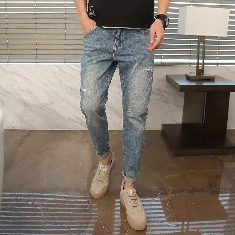 Designer Clothes Luxury Designer Casual Men\'s Jeans Spring Autumn Denim Pencil Pant Korean Loose Pants Ripped Hole Patch Jeans