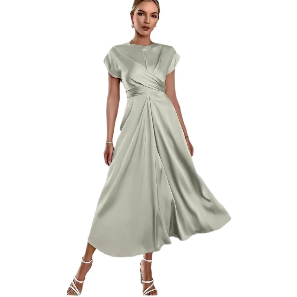 فستان نسائي صيفي بأشرطة راقية من الساتان بأكمام قصيرة أنيق وخفيف للحفلات المسائية