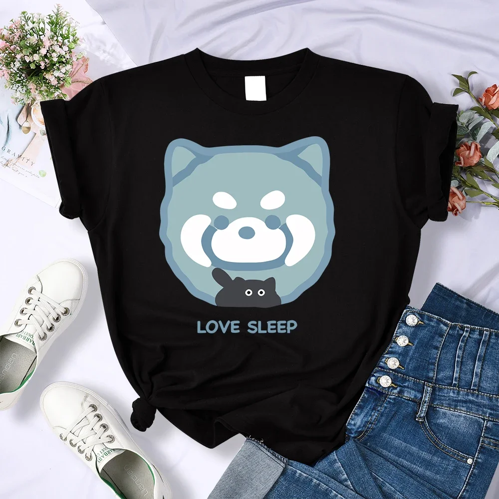 Women Fashion Casual Tee Shirt Soft Street Hip Hop Tops Comfortable Short Sleeve Love Sleep Cartoon Bear Prints T-Shirts