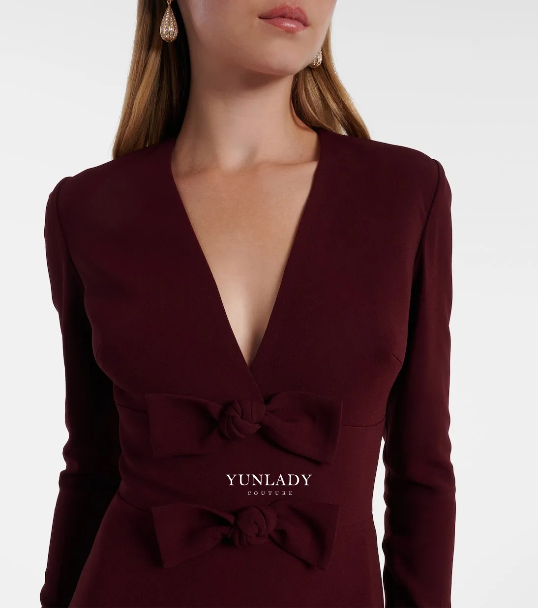 YUNLAN Vestido de noche de crepé burdeos para mamá Ocasión especial Cuello en V Elegante lazo de sirena Flores Vestido formal de cóctel para graduación