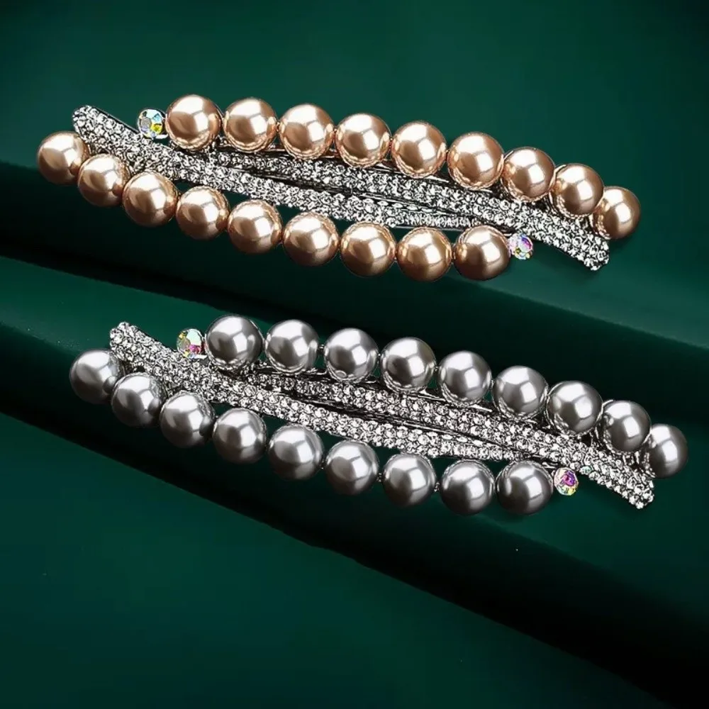 

Vintage Imitation Pearl Hair Clip High-end Double Row Spring Hairpin Shiny Elegant Barrettes Hair Accessories