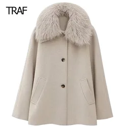 TRAF Wool Blended Coat Women's Jacket Autumn Winter Removable Fluffy Neck Long Sleeves Top New In Coat Elegant Women's Cold Coat