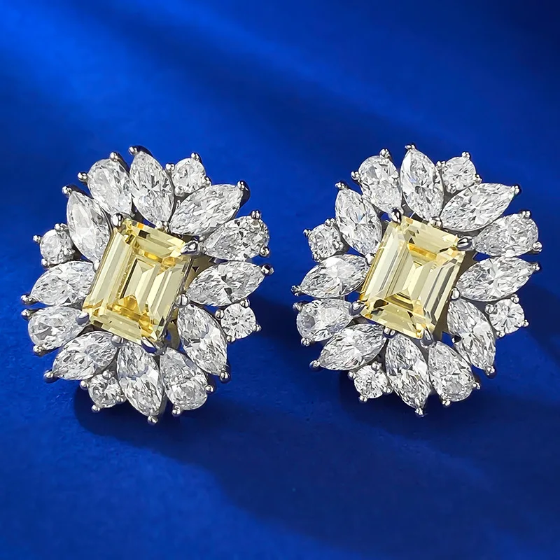 2023 new 925 silver European and American luxury set 6 * 8 yellow diamond emerald cut earrings cross-border model