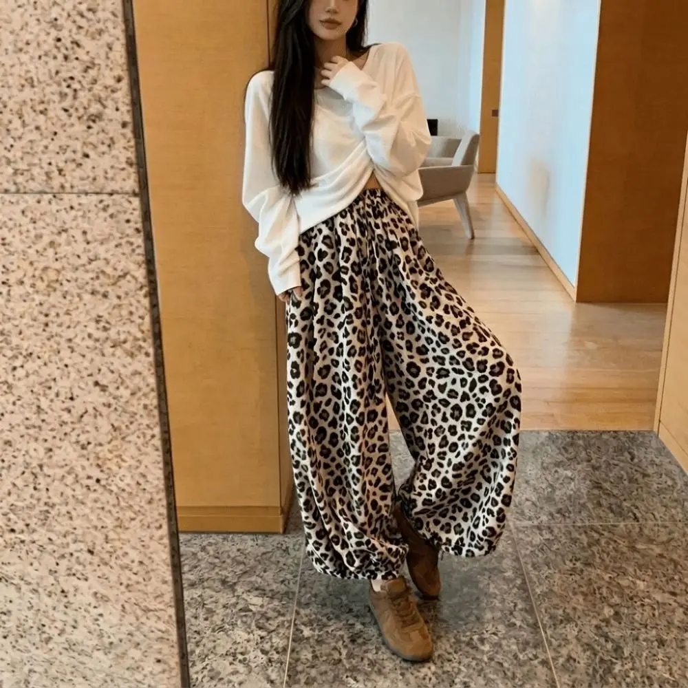 High Waist Leopard Print Pants Elastic Waist Lightweight Cropped Wide Leg Pants Wide Leg Cropped Length Loose Fit Trousers Women