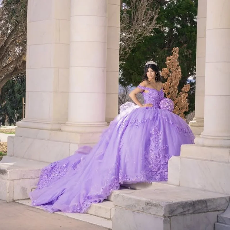 Customized Shiny Lavender Purple Off Shoulder Quinceanera Dress Lace applique crystal 3D flower vestidos de 15 Quinceanera