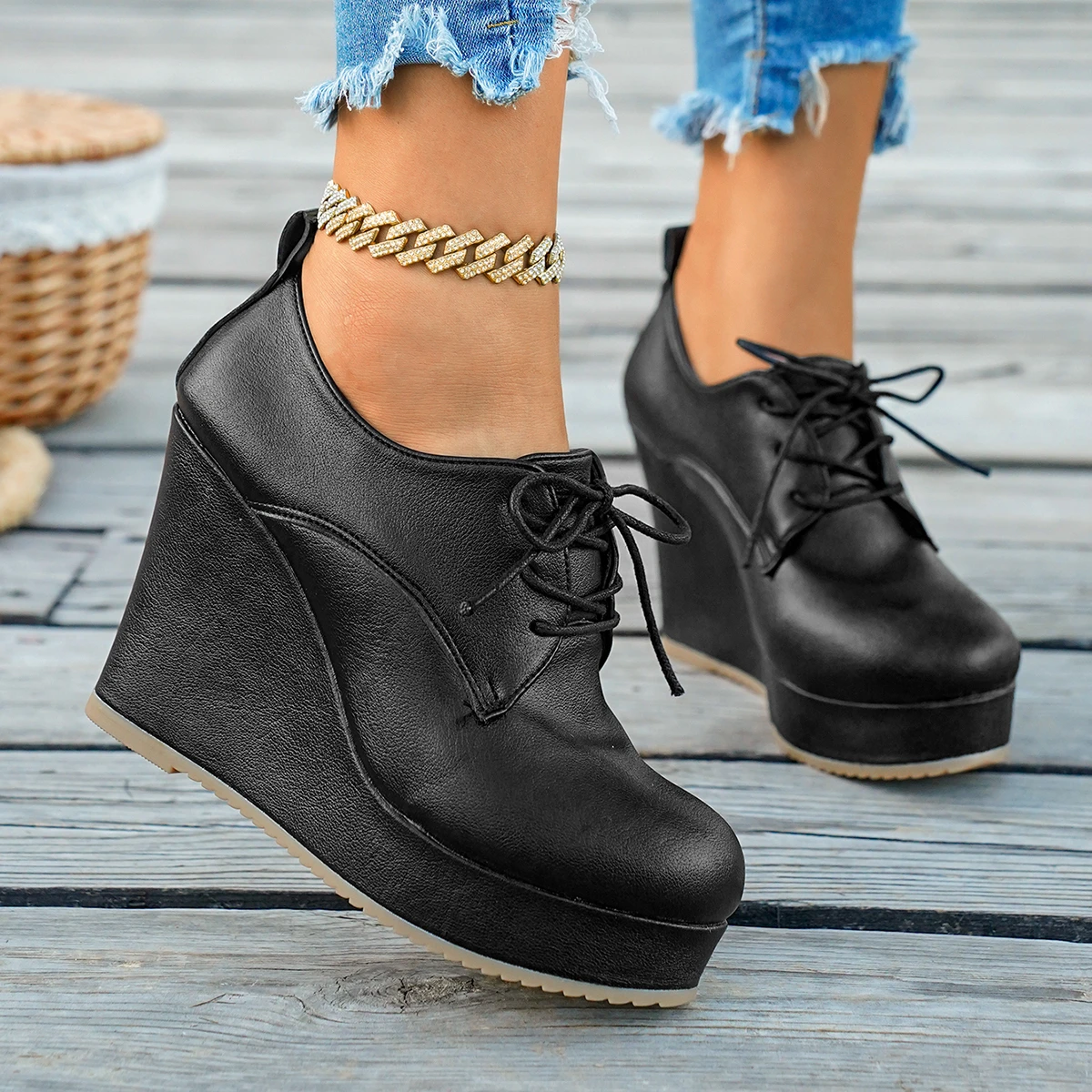 Spring/Autumn Women Fashion Wedges Sneakers Comfort Hidden Platform Lace-up Casual Shoes Anti-slip slope heel round head Shoes