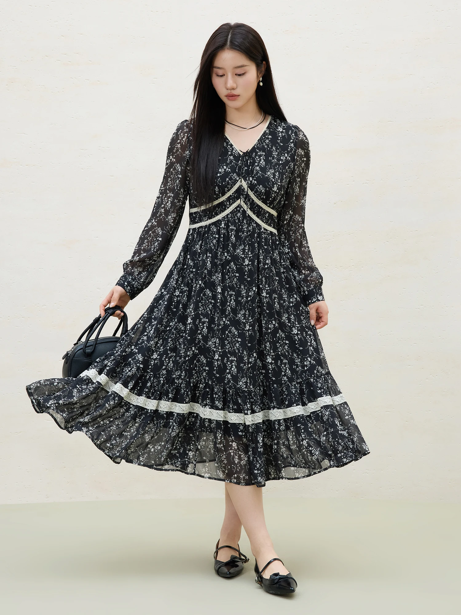 DUSHU Office Lady Women\'s Flowing Umbrella Chiffon V-neck Lace Dress 2025 Spring Fashion Midi Casual Loose Dress 25DS81218