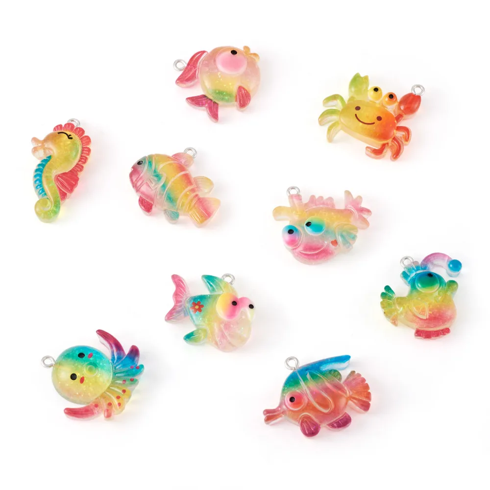 36Pcs Cute Ocean Theme Transparent Resin Pendants Sea Animal Octopus/Sea Horse/Fish/Crab Charms For Earrings Keychain Making