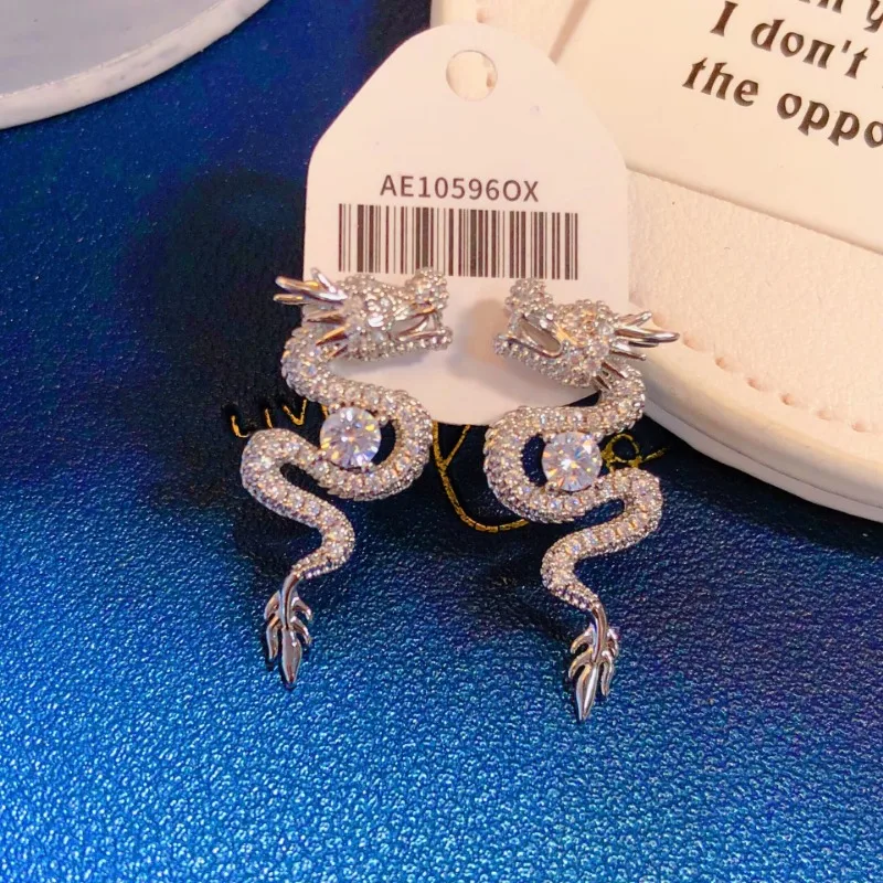 Silver Needle Chinese Style Shining Rhinestone Dragon Shaped Earrings for Women Girl Golden Silver Color Delicate Metal Earrings