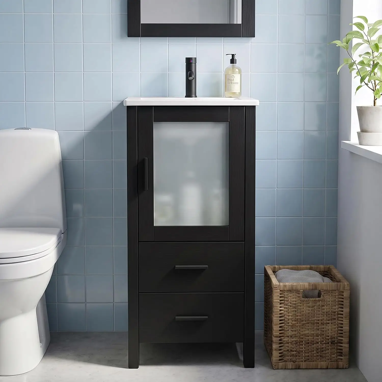 16 inch Black Bathroom Vanity with Sink, Faucet, Drain, 2 Drawers & Cabinet
