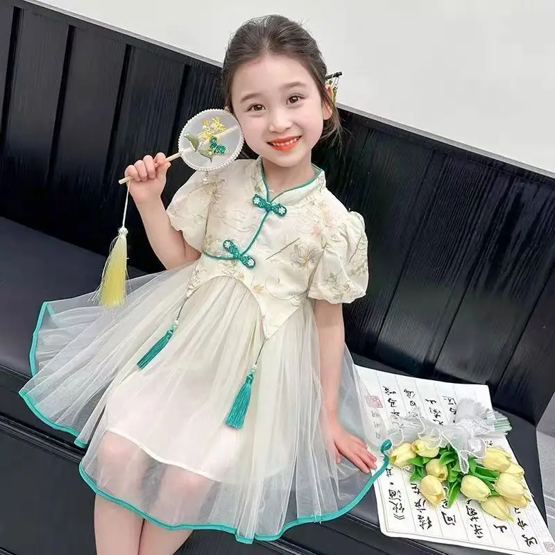 الفتيات Hanfu الصيف النمط الصيني فستان الأطفال شيونغسام 2025 موضة جديدة فستان الأميرة طفل فستان صيفي قصير الأكمام