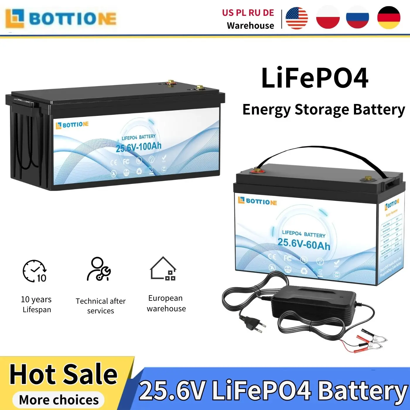 Bottioner stok EU baterai LiFePO4 24V 60Ah 100AH baterai penyimpanan energi siklus dalam 25.6V untuk Kemah tahan air IP65 24v 100AH