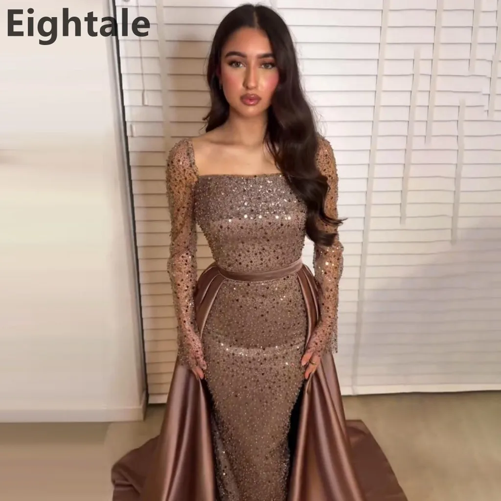 

Eightale Brown Mermaid Sequin Evening Dress Wedding Party Skirt Square Neck Prom Dress Dubai Party Gown Customized