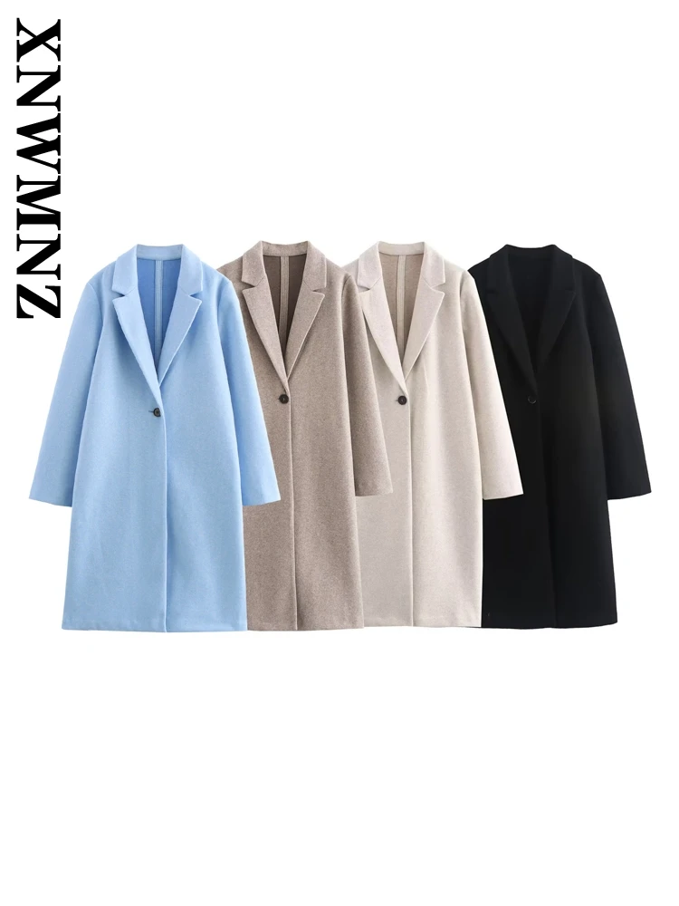 XNWMNZ 2024 Autumn/Winter Woman\'s Casual Button Long Sleeve Solid Color Jacket Female Fashion Mid-length Notched Collar Top Coat