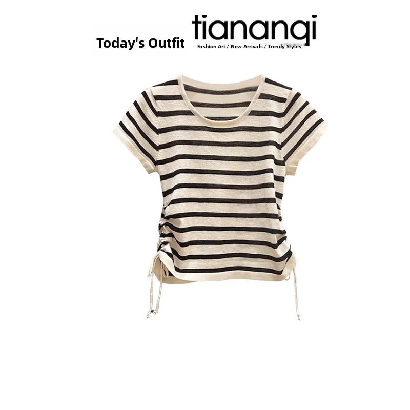 Casual Striped Short Sleeve T-Shirt And Wide Leg Pants Two Piece Set for Commuting Anti-Aging Summer Lazy Style Women's Ensemble