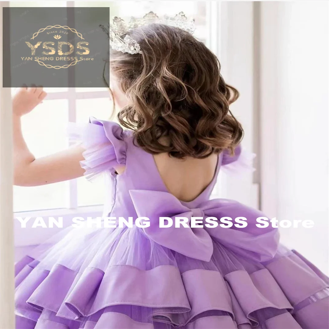 

Customized Purple Flower Girl Dress For Wedding Sleeveless Ruffles With Bow Knee Length Child First Eucharistic Birthday Party D