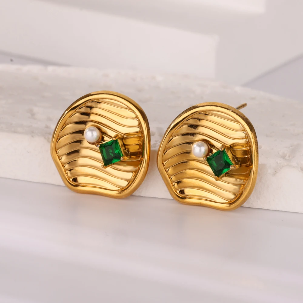 Green Square Zircon Geometric Earrings for Women Stainless Steel Gold Color Piercing Earrings Jewelry Christmas Gift New Year