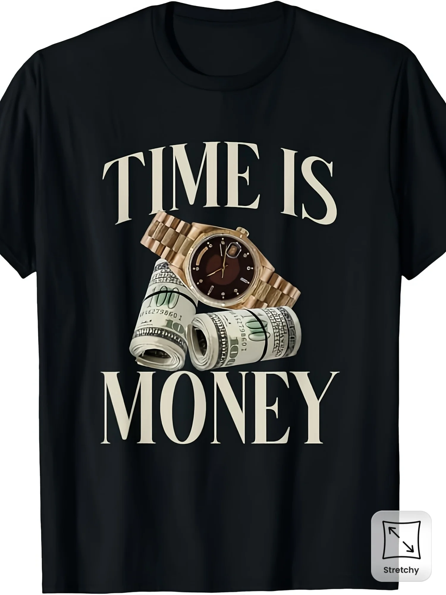 Exquisite and Comfortable 'Time Is Money' Cash Business Millionaire Cryptocurrency Rich T-Shirt | Same for Men and Women, 2026 Summer Short Sleeve Printed T-Shirt, 220G, Vintage Style, Crew Neck, Pullover, Micro-Elastic Fabric, Regular Version