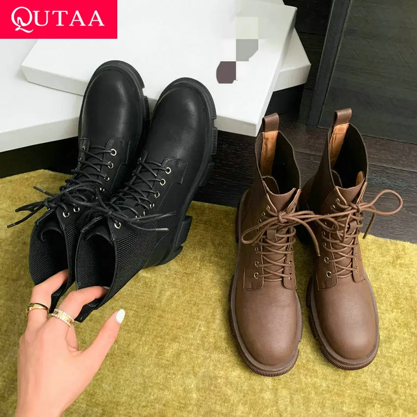 

QUTAA 2024 Women Genuine Leather Ankle Boots Cross-Tied Round Toe Autumn Winter Leisure Casual Shoes Woman Motorcycle Size 34-39