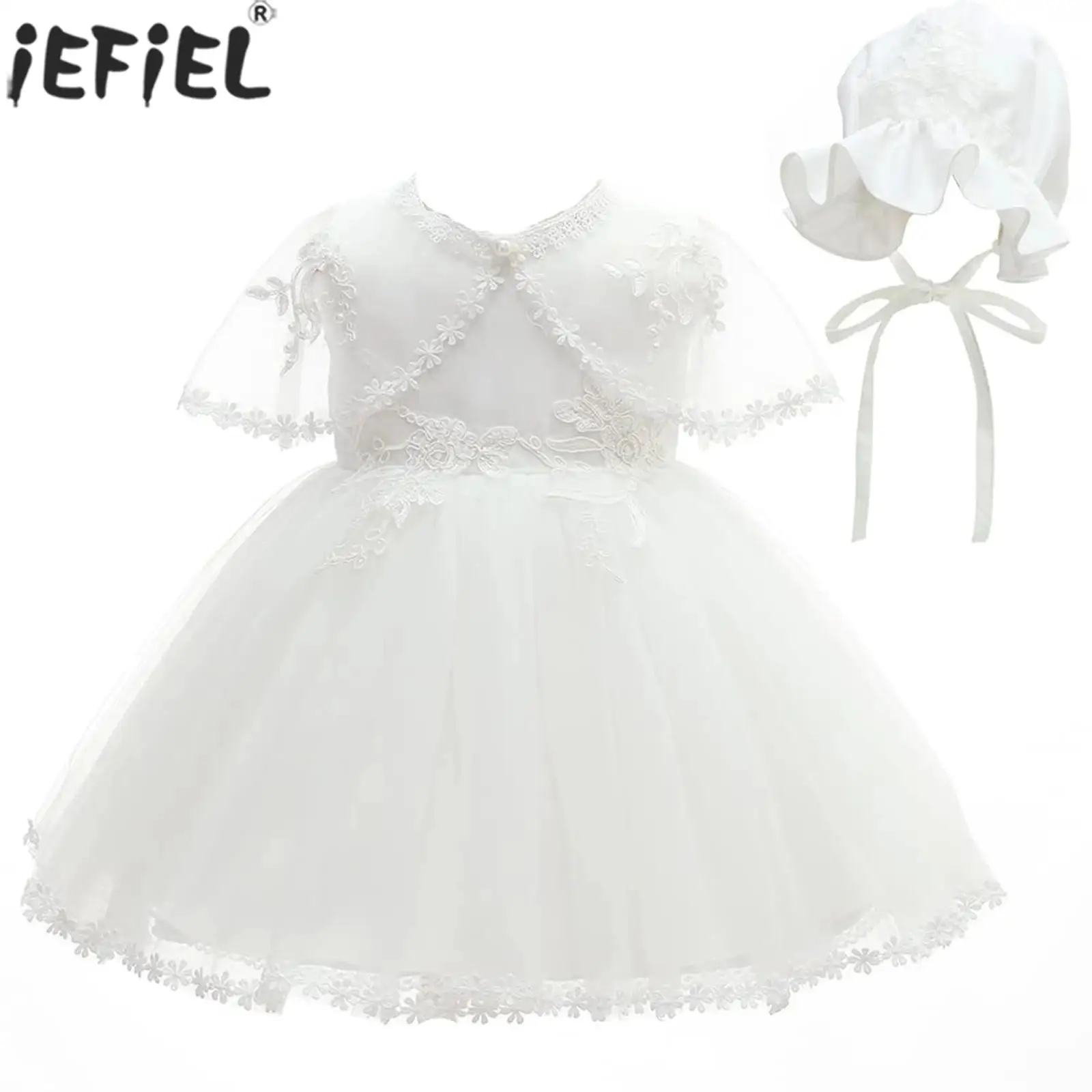 3-24M Baby Girls Princess Dress Baptism Christening Birthday Wedding Party Gown Flower Embroidery Tulle Tutu with Cape Bonnet