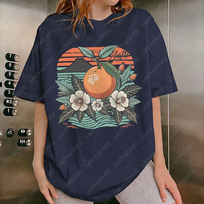 제주 섬 한국 Kdrama 코튼 탑 패션 선물 Kpop 황황 과일 의류 남성 여성 다목적 여행 티 Loungewear Tshirt