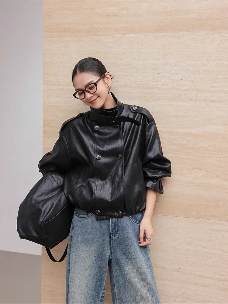 Women Retro Solid Short Leather Jacket Fashion Stand Collar Full Sleeve Double Breasted Loose Jackets Lady Daily Highstreet Coat