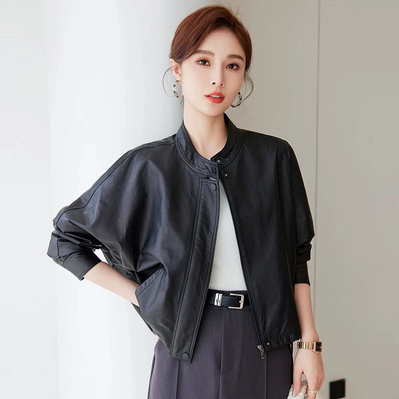 Women Spring Black Drawstring Design Genuine Sheepskin Leather Jacket Coat Autumn Loose Real Leather Overcoat