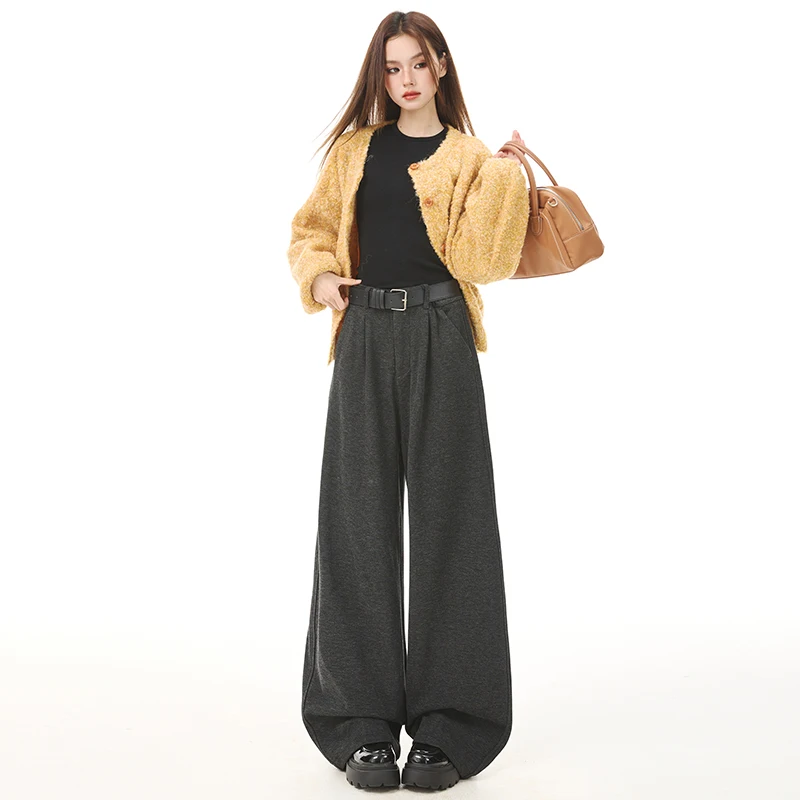 

New autumn and winter thick woolen suit pants for women, high-waisted, comfortable, loose, slimming, drapey, casual wide-leg tro