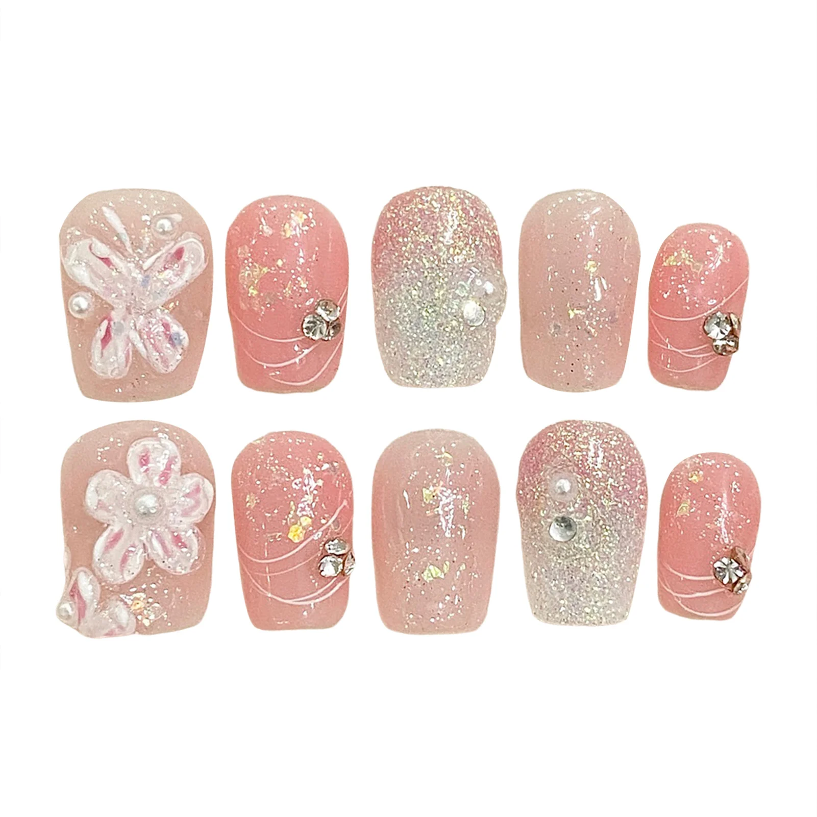 Handmade Press On Nails French Short Floral Pattern False Nails Wearable Resuable Sweet Girls Shiny Pink Fake Nail Patches