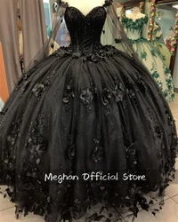 Mexico Black Sweetheart Quinceanera Dress 2024 Beaded 3D Flowers Prom Dress Birthday Ball Gown With Cape Graduation Sweet 16 15