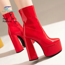 Autumn Winter Women Short Boots Side Zip Shiny Patent Leather Woman Shoes 15CM Thick High Heels Lareg Size Gothic Platform Boots