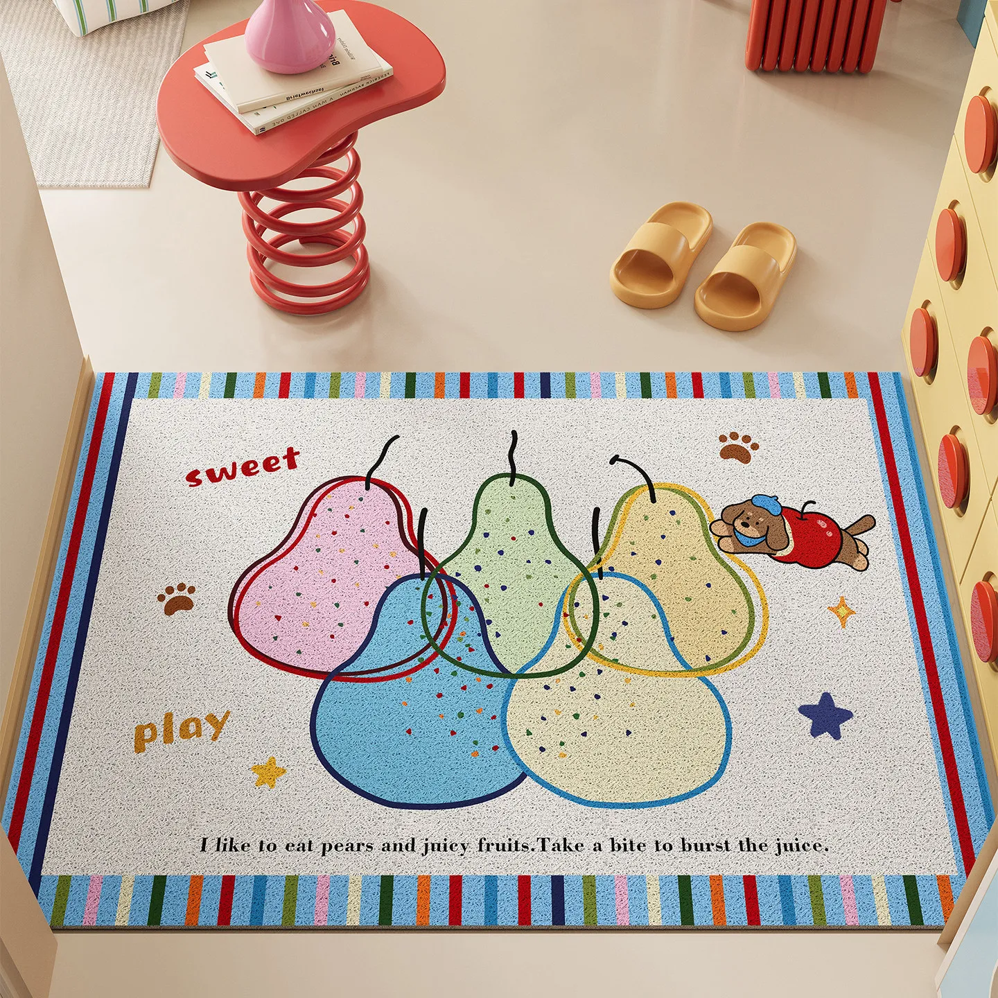 INS Colorful Cartoon Apple PVC Coil Doormat Anti Slip Entrance Door Mat Dirt Sand Trapping Waterproof Shoe Scraper Floor Rug