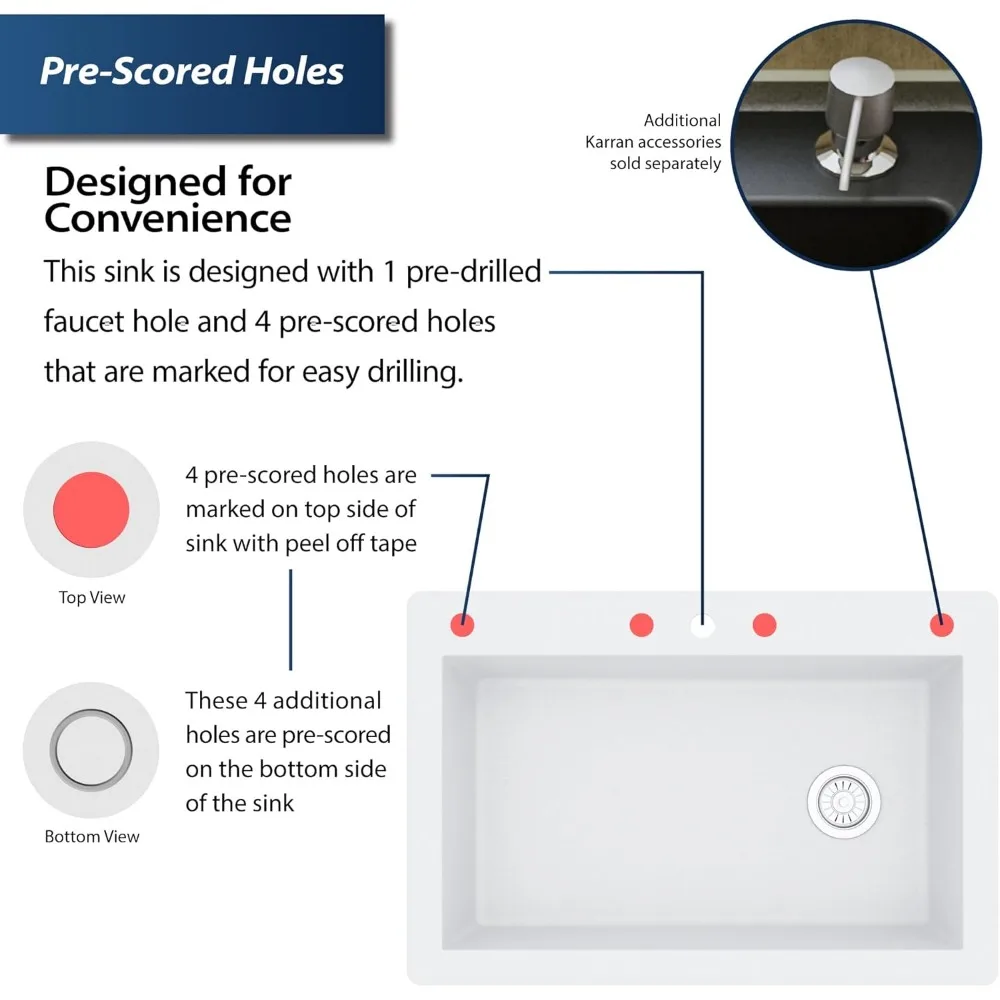 Karran QT-670 Évier de cuisine à cuvette simple composite de quartz de 33 pouces, blanc