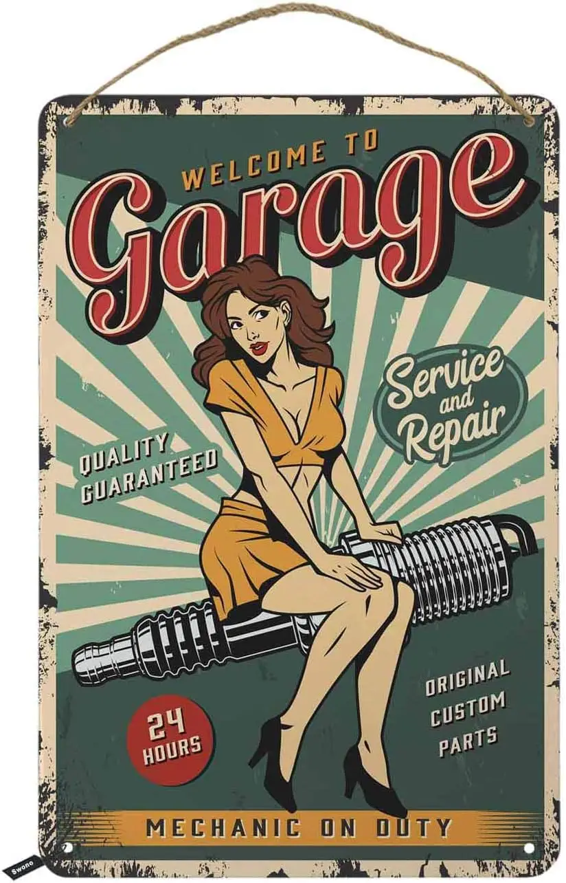 Swono Welcome To Garage Tin Signs,Pin Up Girl Sitting on Engine Vintage Metal Tin Sign For Men Women,Wall Decor for B