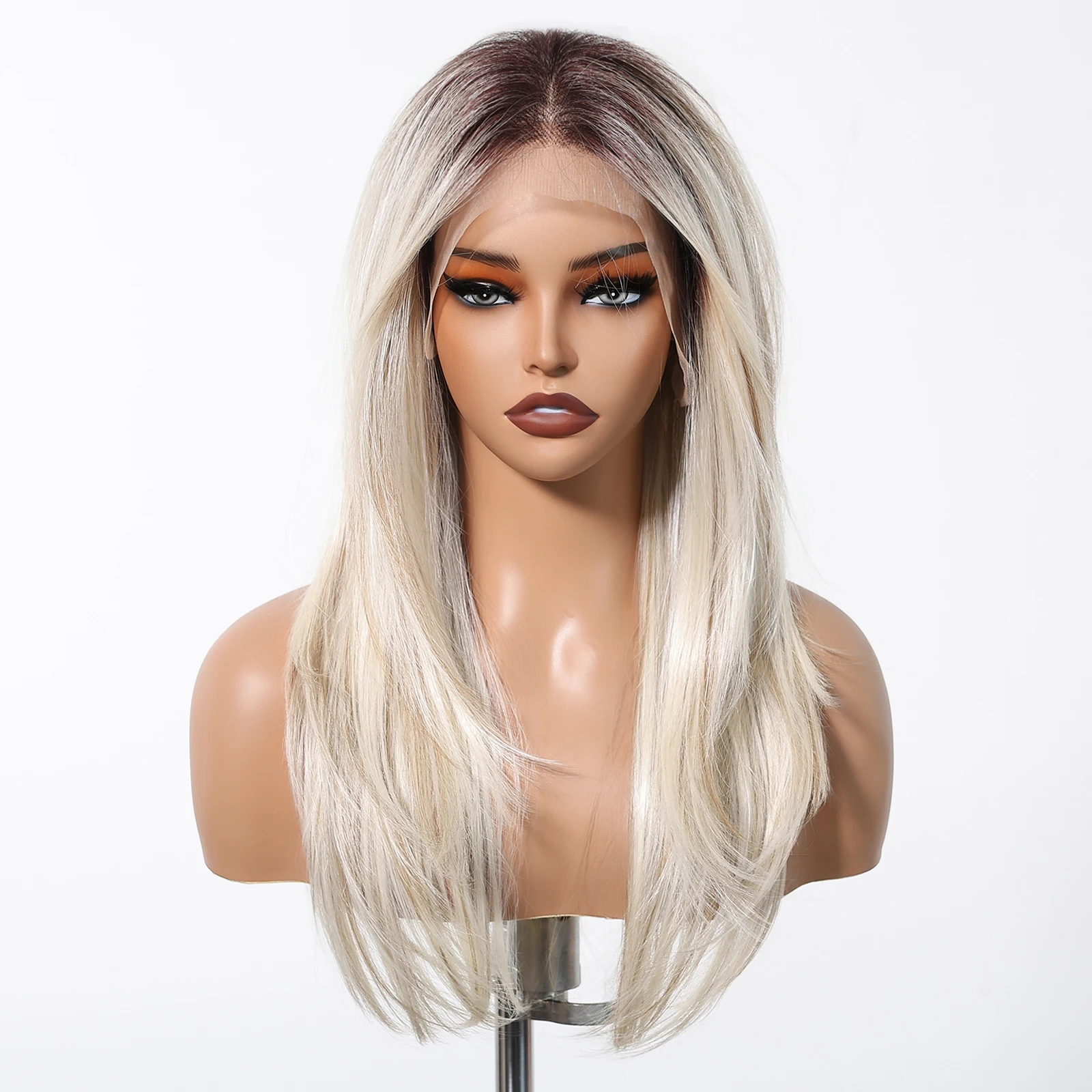 Ombre Blonde Platinum Synthetic Lace Frontal Wigs Long Straight 13*6 Lace Front Wigs for Women Daily Heat Resistant Hairline Wig