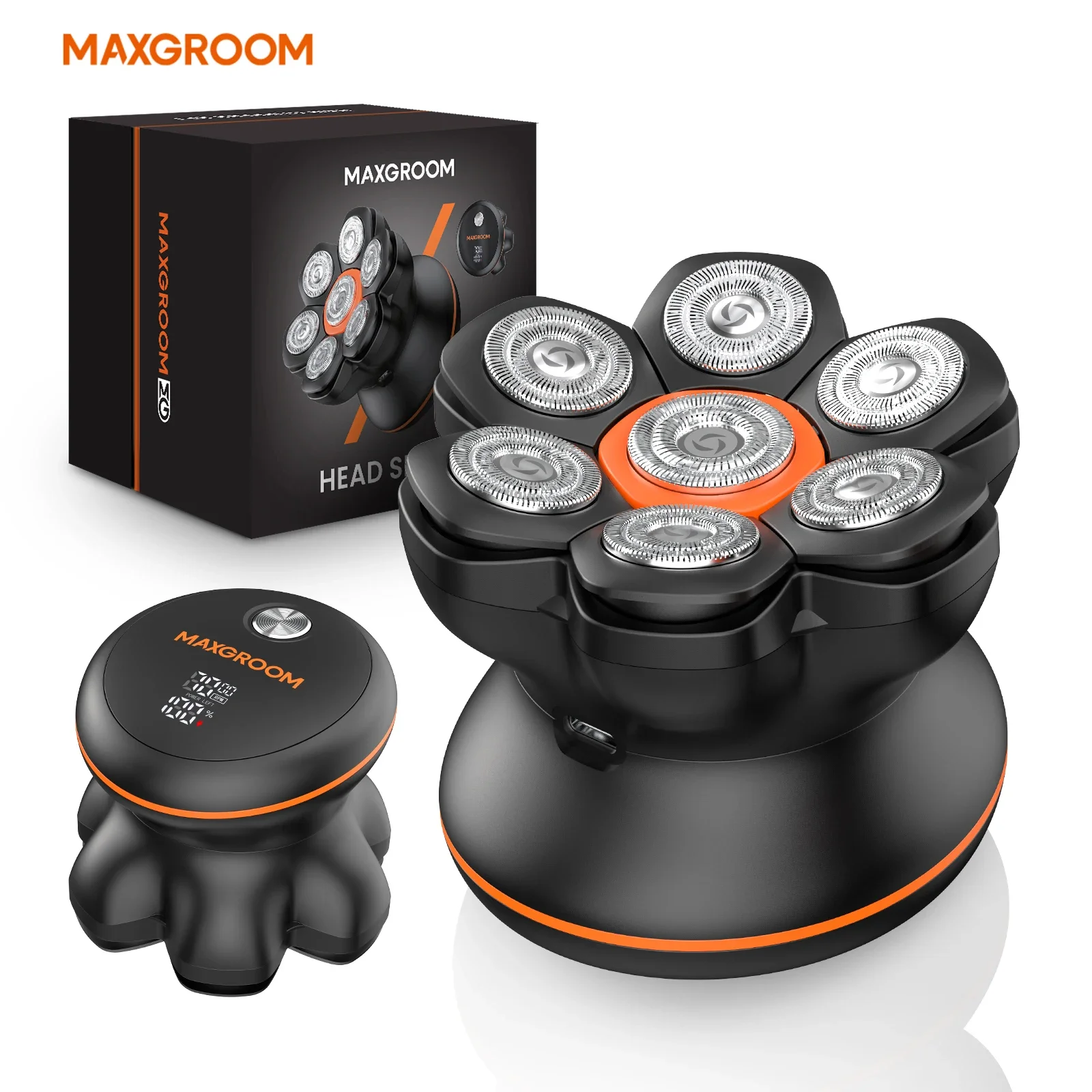 MAXGROOM 7D Floating Bald Head Shaver IPX6 Waterproof LED Display Wet Dry Electric Razor 7 Blades Magnetic Washable Head Shaver