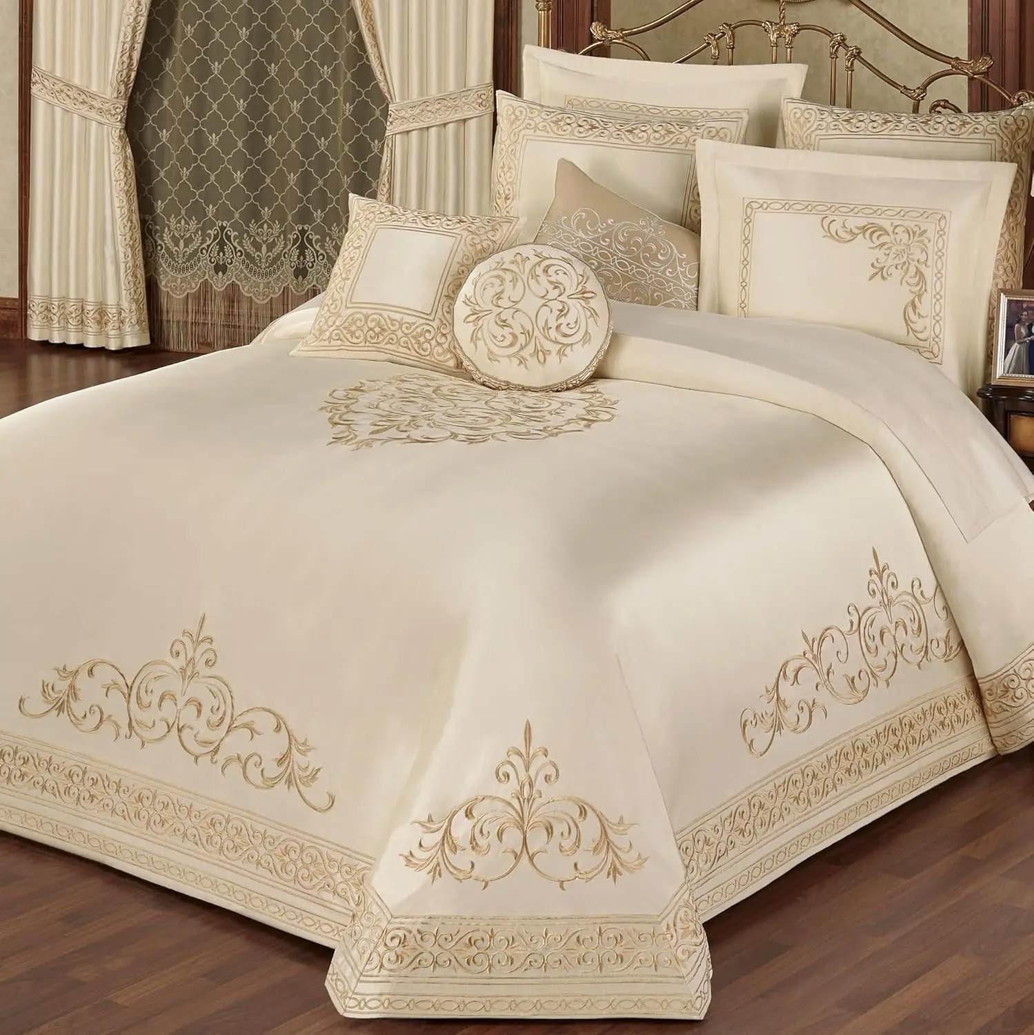 Versailles Luxury Bedding | Classic Pearl | Palace-Inspired French Style Golden Scrollwork Embroidery | 10 Pc Set: King