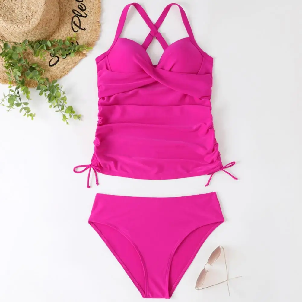 1 Set Women's Swimsuit Suit  Front Cross   Split Swimsuit Side Pleats Women Swimsuit