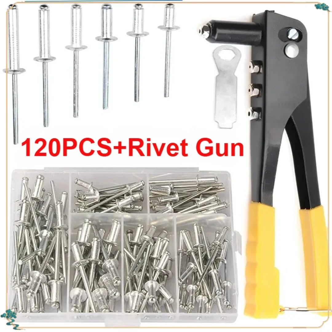 Set Rivettatrice Professionale per Impieghi Gravosi con Pistola Rivettatrice e Kit Assortito di 120 Rivetti Ciechi, Utensili Manuali, Attrezzo per Rivetti a Dado