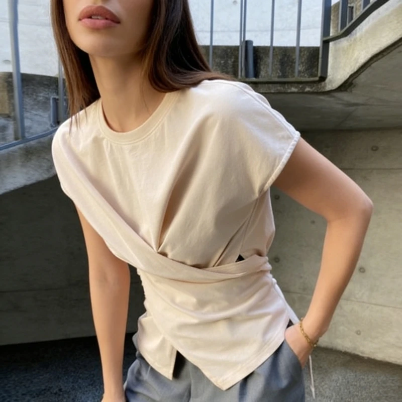 Women's Summer Round Neck T-Shirts Short Cap Sleeve Cross Wrapped Split Front Tee Tops Solid Tied Belted Back Blouse
