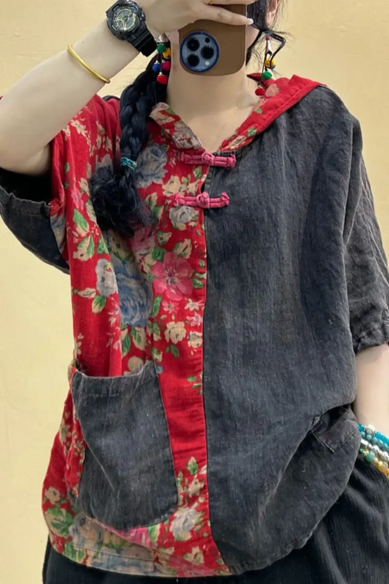 2023 Oversized Patchwork Big Pocket Shirt Summer Women Casual Loose Retro Ethnic Style Korean Hooded Printed T-Shirt Tops Z807