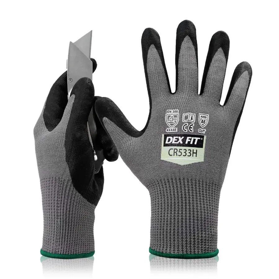 Guantes resistentes al corte libre de fibra de vidrio FIT Level A6 CR533H, ajuste cómodo 3D, sin picazón, agarre firme